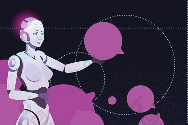 闲谈，聊天机器人泡沫女人机器人虚拟援助网站移动应用程序人工情报信使支持概念平