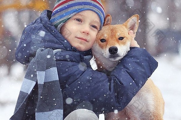 男孩可爱的狗概念友谊