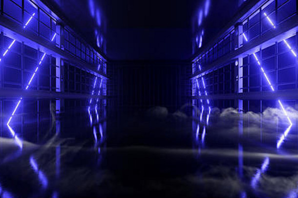 霓虹灯激光阶段网络虚拟蓝色的发光的梁金属钢线网结构栅栏反光地板上黑暗晚上空背景呈现