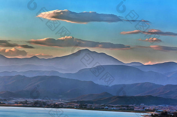 mountainscape色彩斑斓的绘画海港口前景
