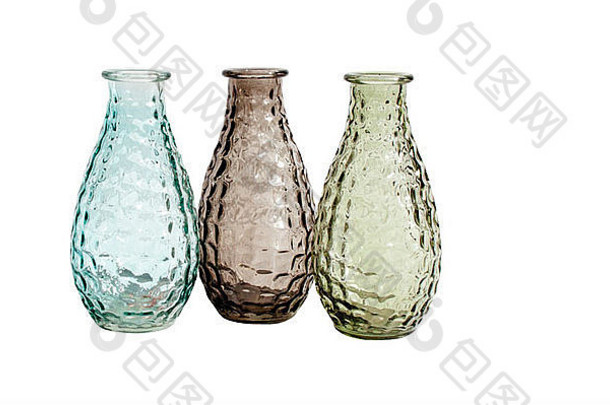 集不同的彩色的透明的玻璃花瓶孤立的白色背景