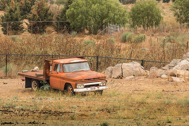 农村时间古董场景观橙色平板卡车前景西方农场生活方式
