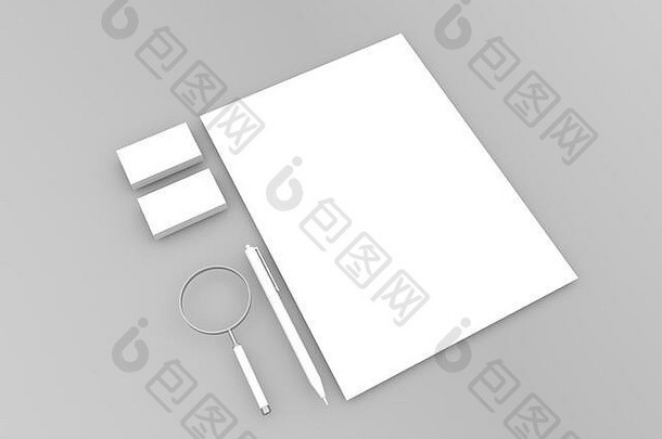 纸表放大玻璃笔业务卡片灰色的背景渲染插图