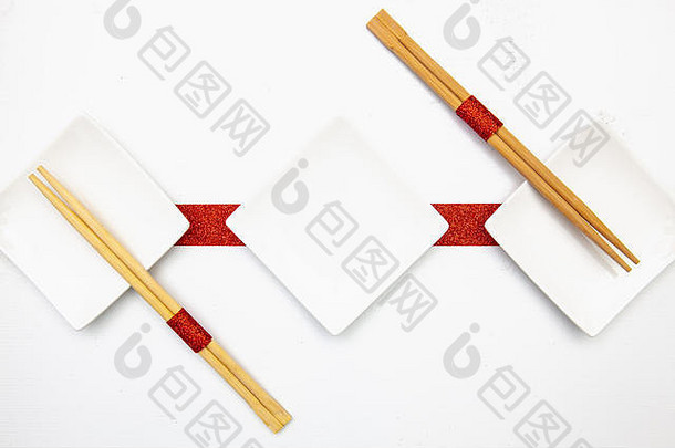 陶瓷碗竹子筷子寿司食物红色的白色装饰