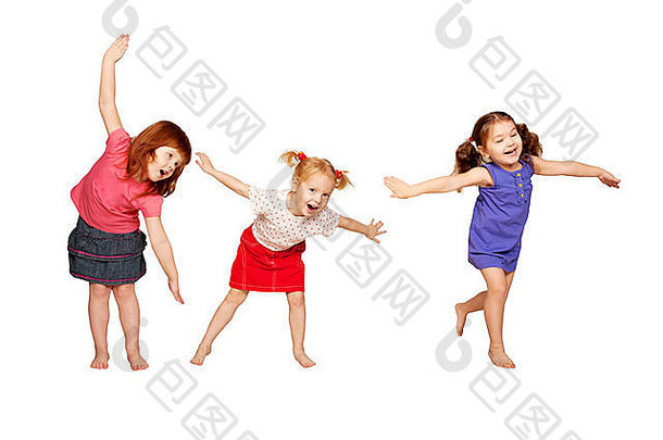 快乐孩子们跳舞空气红发金发女郎浅黑肤色的女人女孩快乐的聚会，派对孤立的白色背景
