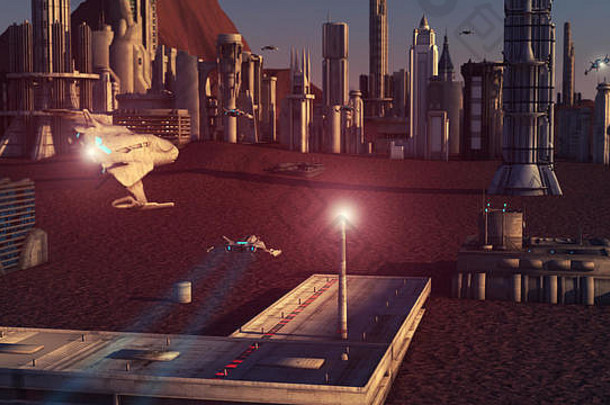 呈现未来主义的城市宇宙飞船