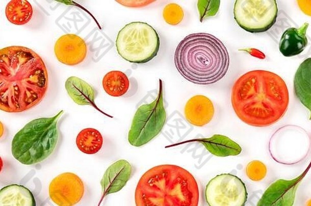 新鲜的夏天蔬菜平躺全景白色背景充满活力的食物模式拍摄前