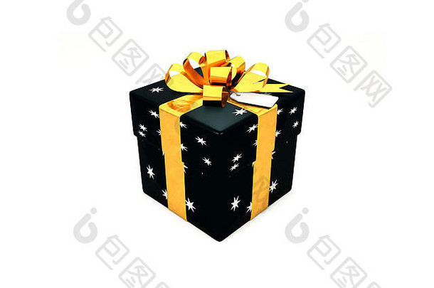 插图黑色的礼物盒子明星金金属丝带弓标签白色背景孤立的