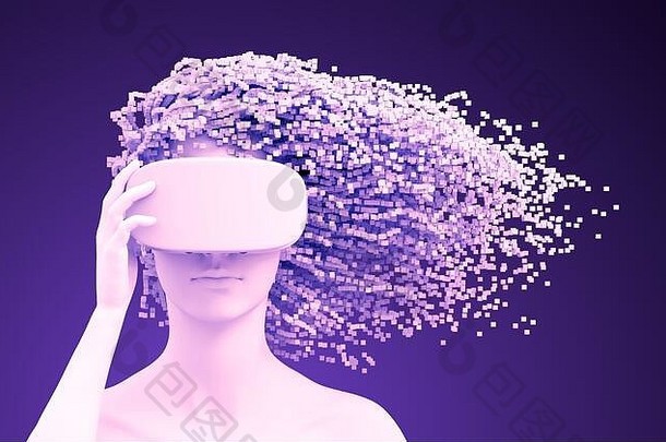 美丽的女人穿眼镜像素头发紫色的背景虚拟现实概念