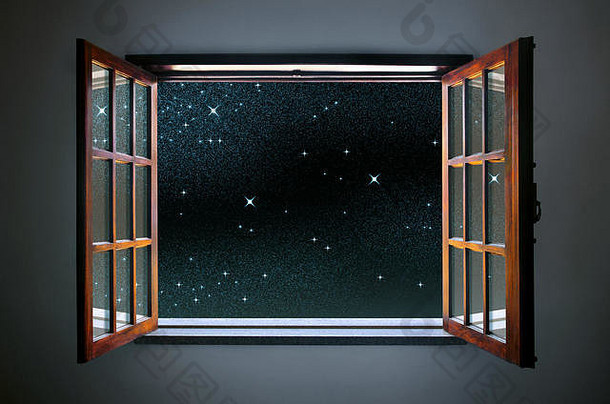 房间窗口宽开放平静清晰的布满星星的晚上天空