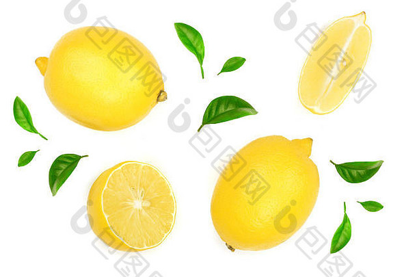 柠檬片叶孤立的白色背景平躺前视图