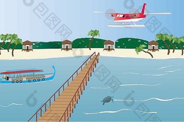 水上飞机着陆岛马尔代夫多尼船船平房码头