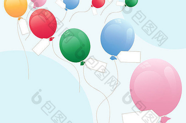 插图美丽的明亮的色彩斑斓的气球白色空白标签浮动蓝色的天空问候卡格式