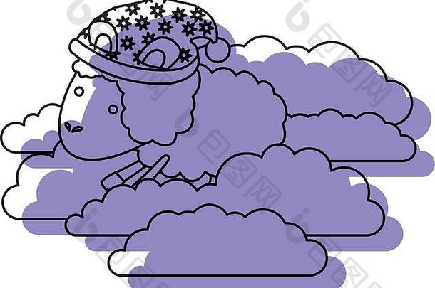 羊动物睡觉帽<strong>云</strong>紫色的水彩轮廓白色背景
