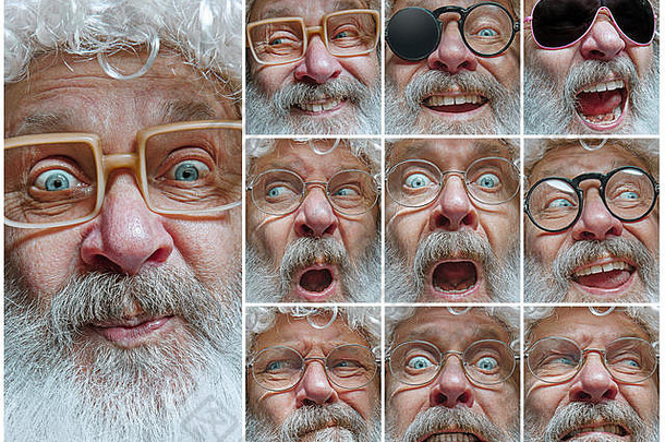 人类情绪情感脸圣诞老人条款眼镜圣诞节假期表达式高级情感庆祝活动冬天手势概念面部表达式概念