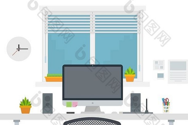 现代工作空间窗口演讲者花桌面白色背景