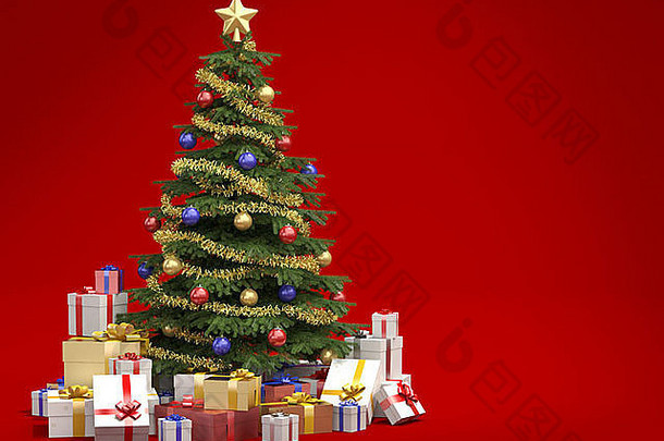 完全装饰圣诞节树礼物孤立的红色的背景复制空间