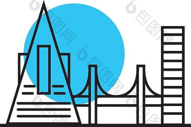 建筑桥城市景观场景行风格图标
