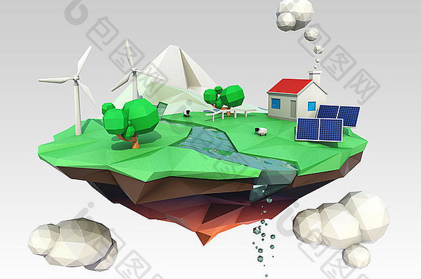 低聚风格浮动岛支持太阳能风权力概念绿色能源