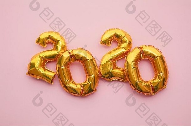一年庆祝活动黄金箔聚会，派对气球柔和的粉红色的背景