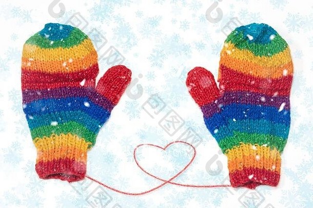 彩虹手套心下雪冬天