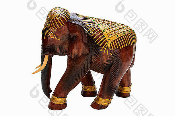 木大象雕刻艺术泰国白色背景