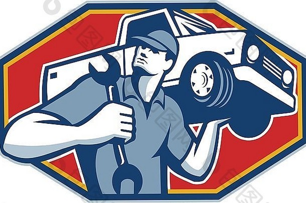 插图汽车机械师携带拾音器卡车车车辆肩膀持有扳手扳手复古的风格