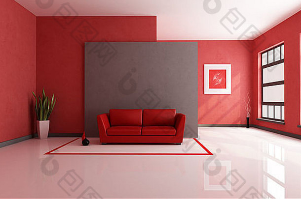 红色的棕色（的）极简主义生活房间呈现艺术图片墙作文