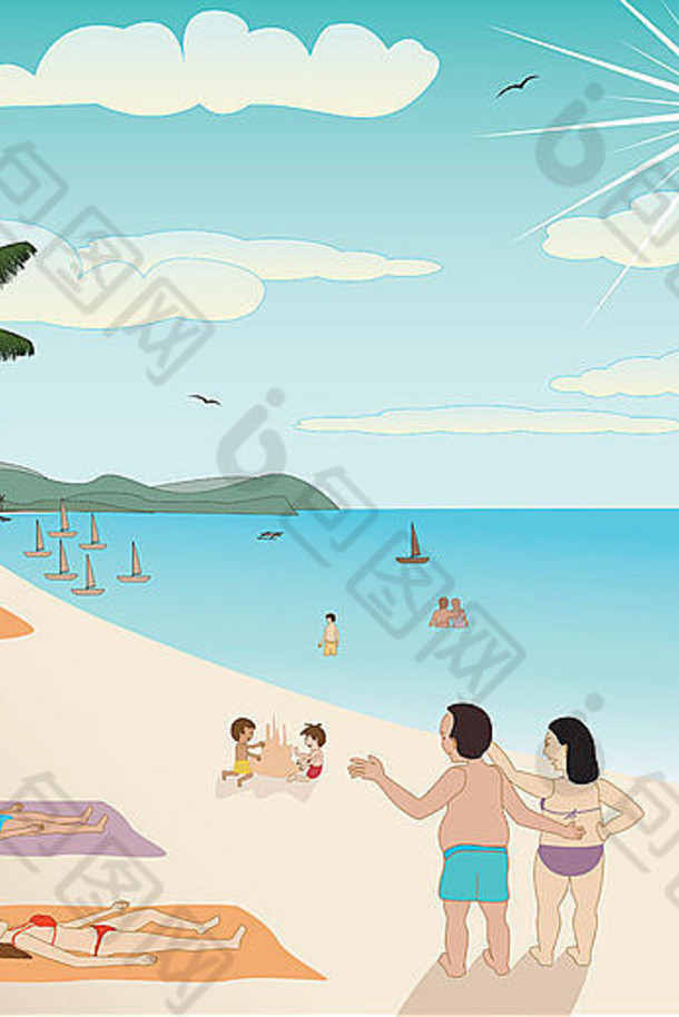 插图白色沙子热带海滩人享受夏天