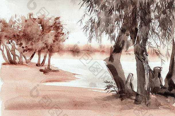 水彩原始绘画river-scape树河岸