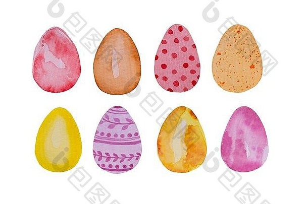 水彩手画粉红色的黄色的复活节鸡蛋问候卡插图孤立的白色