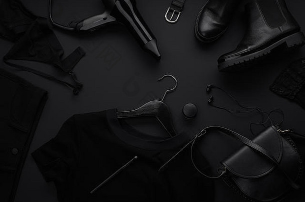 黑色的单色平铺黑色的背景衣服配件美设备黑色的星期五出售概念