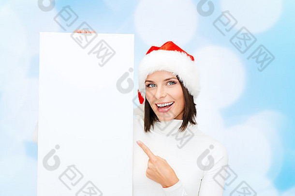 微笑年轻的女人圣诞老人他白色董事会
