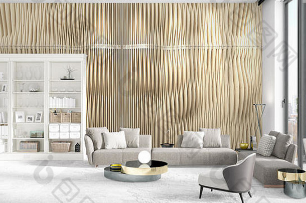场景品牌室内时尚白色架现代灰色沙发呈现水平安排