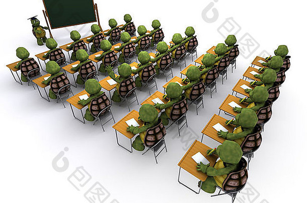 渲染乌龟坐学校桌子上