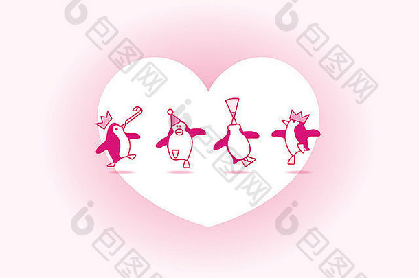 快乐粉红色的企鹅跳舞聚会，派对白色心软粉红色的背景