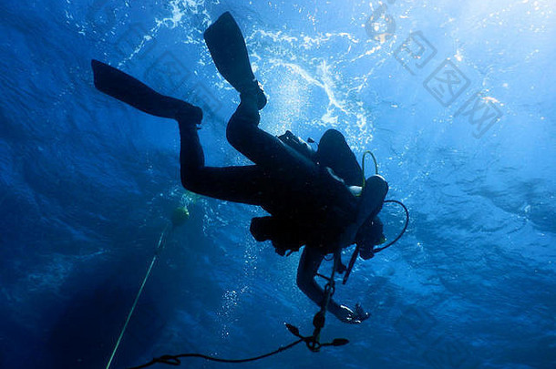 潜水水晶清晰的水地中海<strong>水下</strong>照片潜水员的轮廓<strong>水下</strong>闪电条件