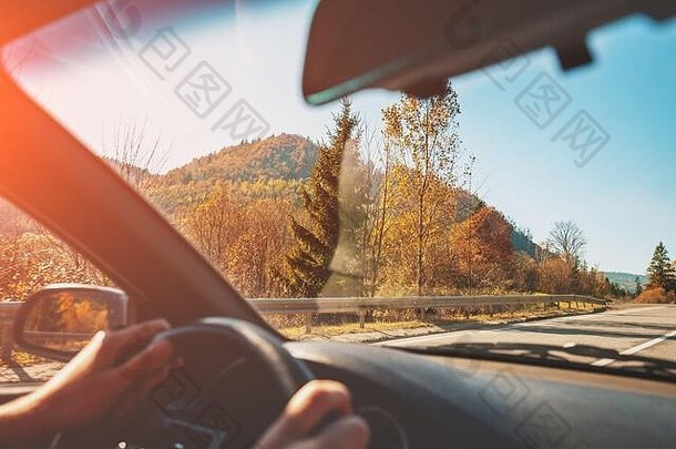 开车车山路空路阳光明媚的一天视图车山景观秋天