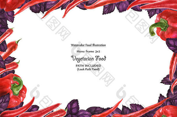 水彩宽素食主义者框架新鲜紫色的罗勒叶子热甜蜜的辣椒孤立的剪裁路径包括素食主义者设计
