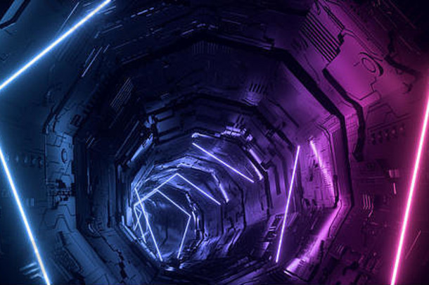 霓虹灯光紫色的蓝色的超五角三角形详细的sci未来主义的外星人宇宙飞船反光金属走廊隧道门空发光的后台