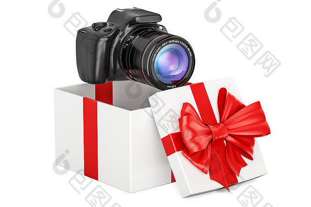 礼物概念数字相机内部礼物盒子呈现