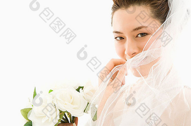 肖像亚洲新娘花束拉面纱脸