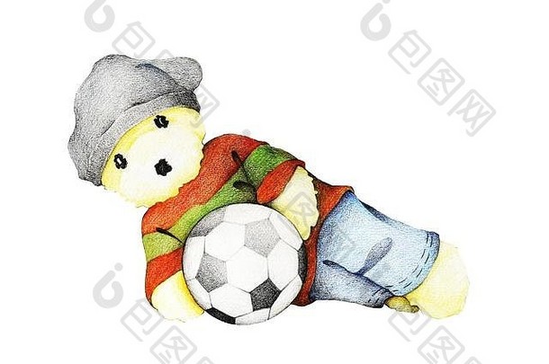 手画可爱的泰迪熊玩捕捉足球球足球