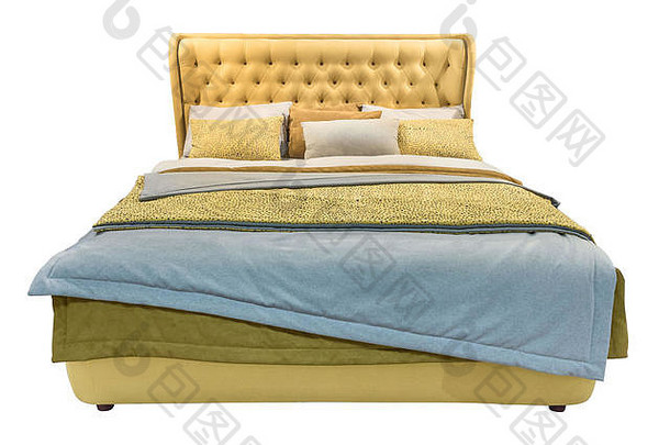 奢侈品黄色的现代床上家具有图案的床上皮革室内装潢capitone纹理床头板织物床上用品经典现代家具孤立的背景