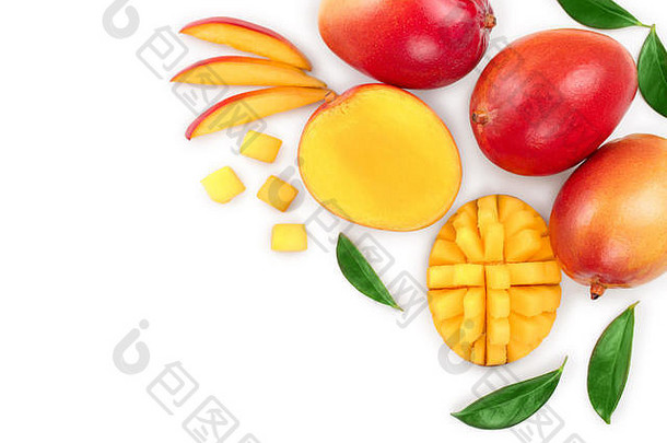 芒果水果一半片孤立的白色背景复制空间文本前视图平躺