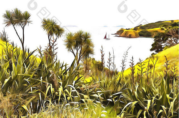 数字绘画景观视图海洋绿色植物
