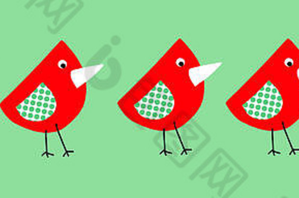可爱的鸟无缝的边境孩子们拼贴画<strong>风格</strong>幼稚的重复元素孩子们红色的绿色白色织物丝带孩子们装饰