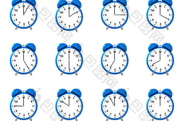十二个蓝色的报警时钟的显示时间孤立的白色背景
