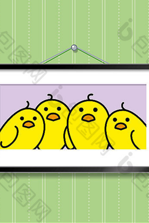 可爱的家庭肖像黄色的小鸡图片框架挂绿色壁纸背景