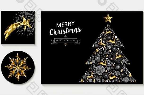 集快乐圣诞节问候卡布局设计黄金低聚驯鹿星星假期元素